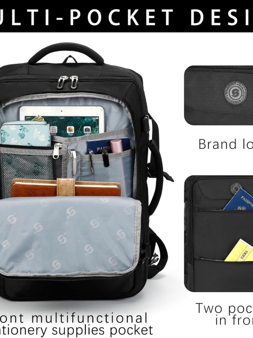 Backpack for Travel, School, Work- Black - Picture 4 of 6
